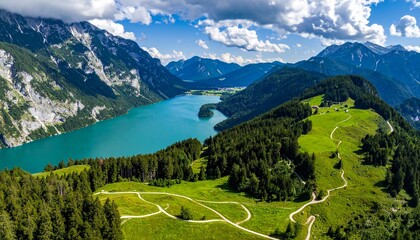 Naklejka premium Aerial view of turquoise alpine lake in Austrian Alps