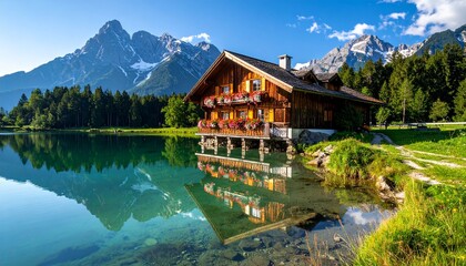 Traditional Austrian Mountain Hut - Alpine Lake Reflection with Snow Peaks in Tyrol