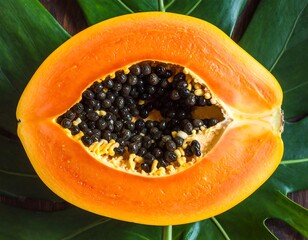 Papaya half, seeds, tropical leaf