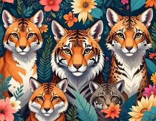 An imaginative artwork featuring a mix of feline/canine creatures in flowers