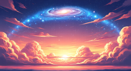 A breathtaking cosmic vista unfolds above a serene landscape, with a swirling galaxy and glowing stars framing a vibrant sunset.