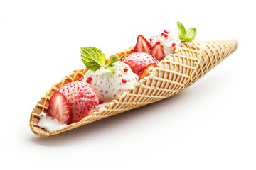 Indulgent strawberry ice cream sundae delight served in a crispy waffle cone garnished with fresh mint isolated on white background