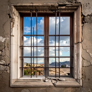 An old, weathered window with metal bars, showing a scenic sky