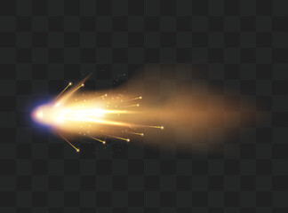 Gun flashes with smoke and fire sparkles. Pistol shots clouds, muzzle shotgun explosion. Blast motion, weapon bullets trails isolated on black background.