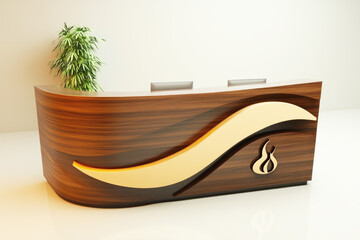 Elegant wood and gold reception desk for modern office interiors isolated on white background