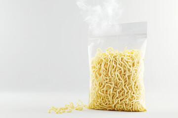 Hot instant noodles steam rising in clear plastic bag minimalistic background isolated on white background