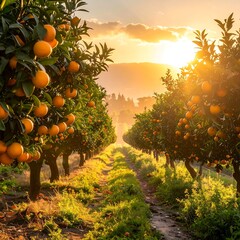 An orange grove basking in the warm light of the setting sun