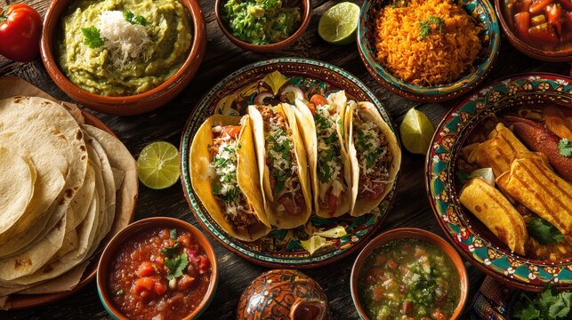 traditional mexican dishes on table for family dinner celebrating mexican independence day with tacos tortillas salsa and festive decor delicious culinary meal holiday event sharing bonding
