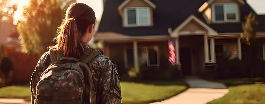 A soldier returns home, reflecting on their journey, standing in front of a cozy house with an American flag.