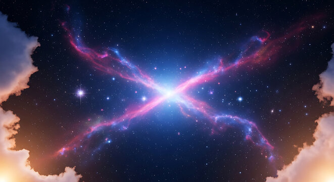 A stunning cosmic nebula with vibrant pink and blue gases forming an X-shape against a backdrop of stars and clouds.