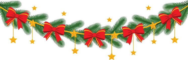 Festive christmas garland with red bows and golden stars design on white background