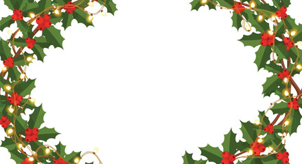 Festive christmas holly and lights frame on white background