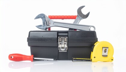 Fototapeta premium Four small home repair tools: screwdriver, wrench, tape measure and box of nails, isolated on white background. Realistic metallic texture, soft shadows.