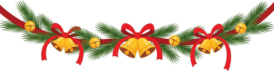 Festive christmas garland with bells and red ribbons decoration on white background