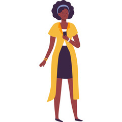 Stylized African American Woman Standing Holding Mobile Phone Wearing Yellow Long Cardigan Over White Top and Dark Skirt