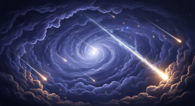A swirling vortex of cosmic clouds with shooting stars streaking through the dark expanse. - Powered by Adobe