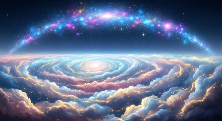 A breathtaking cosmic vista unfolds with swirling clouds and a luminous celestial arc of stars above.
