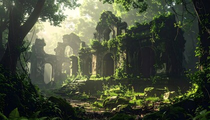 Ancient stone ruins overgrown with lush vegetation in a vibrant forest