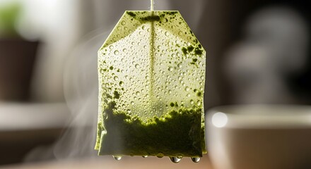 Green tea bag steeping in hot water with steam rising.