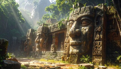 Ancient stone temple entrance with giant sculpted faces in lush forest
