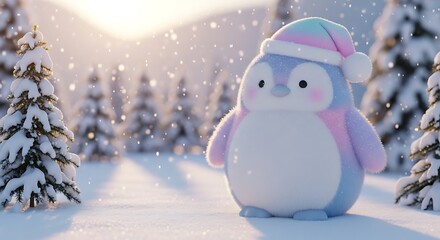 Obraz premium Adorable pastel-colored penguin character wearing a Santa hat standing in a snowy winter wonderland as snow falls.