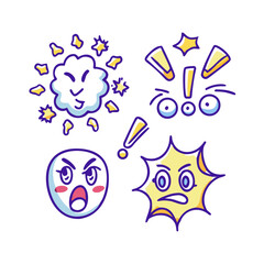 Comic funny effect icon set, anime doodle elements collection. Retro anime movement, exclamation and emphasis expressions. Doodle emotion of character ... See More