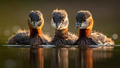 Three dark-feathered baby birds float on calm water, illuminated by warm sunlight