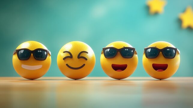 Four funny emoji faces with sunglasses on a wooden surface and blue wall