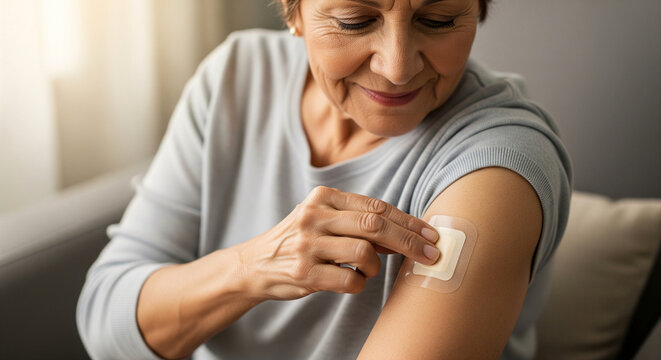 Senior woman looking at the adhesive bandage on her arm after receiving her vaccination, a concept of immunization and healthcare for the elderly - Powered by Adobe