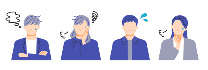 悩み困っている表情のビジネスパーソンセット。フラットデザイン。