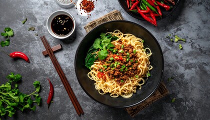 Appetizing Asian noodles with meat and garnishes, viewed from above