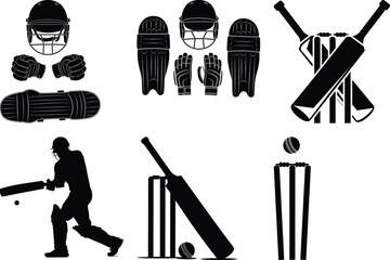 Black silhouette cricket equipment and player on white background sport ball