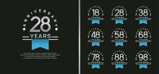 set of anniversary logo style with blue ribbon. vector design silver color for celebration
