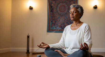 Serene senior African American woman with gray hair meditating in a peaceful, warmly lit room, practicing mindfulness for wellness