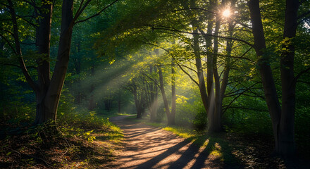 Naklejka premium Sunlight streams through the lush green canopy of a forest, illuminating a winding dirt path with ethereal light rays and long shadows.