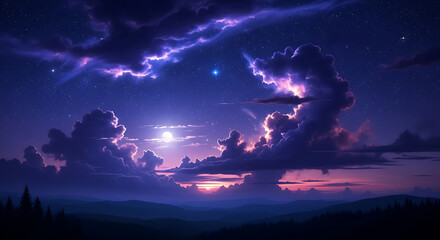 A breathtaking twilight sky with dramatic purple and pink clouds illuminated by a full moon and distant stars.