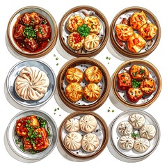 Assorted colorful illustrations of Asian dim sum dishes arranged aesthetically