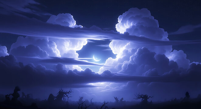A dramatic night sky with a crescent moon peeking through luminous, billowing clouds, casting an ethereal glow over a silhouetted landscape. - Powered by Adobe