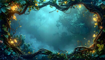 Atmospheric forest scene framed by intricately woven vines and foliage