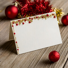 A beautiful blank holiday greeting card with festive decor and red ornaments, perfect for personal messages.