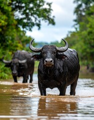 Two dark-colored water buffalo walk through shallow water towards the camera, lush green foliage in the background