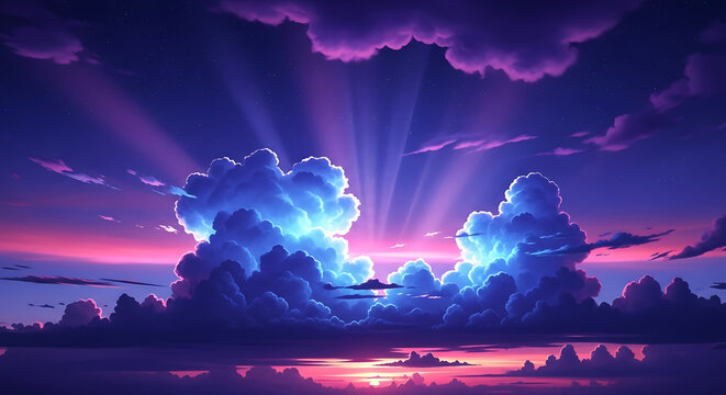 Dramatic sunset with vibrant purple and pink clouds illuminated by bright sunbeams over a calm body of water.