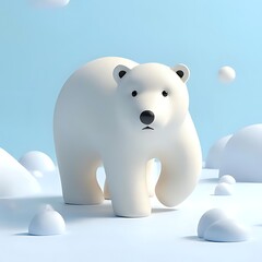 Cute polar bear walking on snow in a minimalist winter scene with blue background