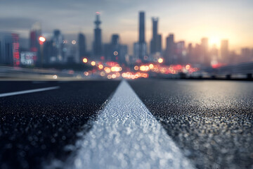 A close-up view of an empty road leading towards a vibrant city skyline at sunset, showcasing urban transportation.