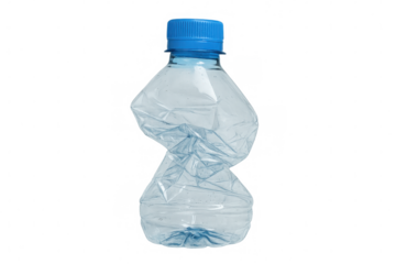 Crumpled plastic bottle with blue cap, illustrating environmental impact, waste management, and recycling concepts