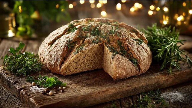 Rustic homemade herb bread loaf on a wooden cutting board with festive bokeh lights. Freshly baked artisan food.