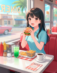 アメリカンダイナーでハンバーガーを頬張る女子高生