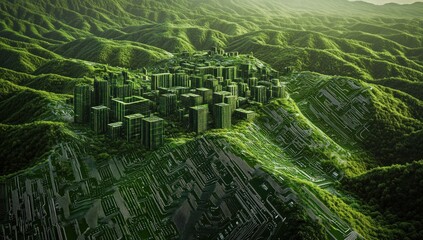 Fototapeta premium Harmonious coexistence of nature and technology, A sustainable future