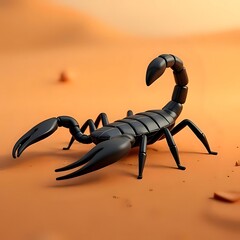 Glossy black scorpion with a segmented body standing on a smooth orange surface