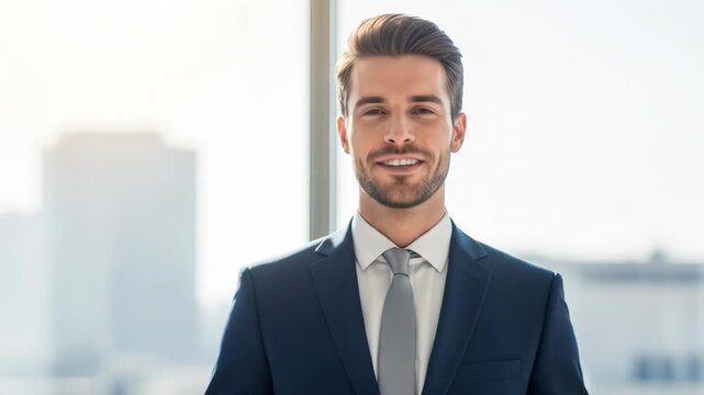 Excited man in suit smiles in front of a bright, blurred window view